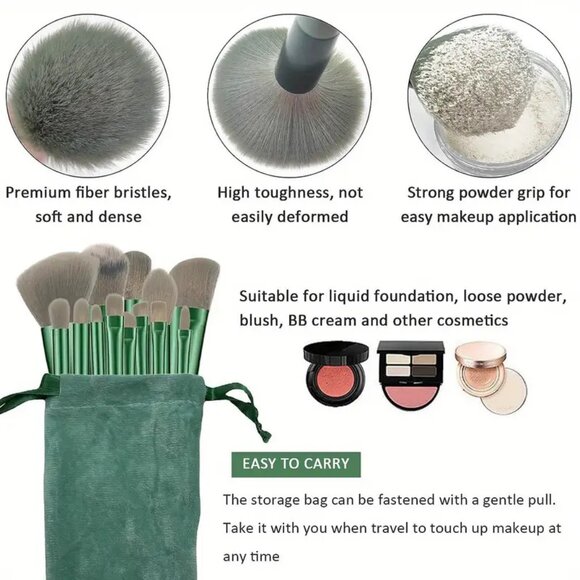 13pcs Green Makeup Brush Set Women's Makeup Goat Hair Tools Professional - Picture 7 of 9